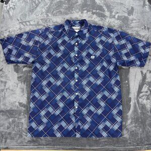 ENYCE Short Sleeve Button Up Shirt Men L Blue Plaid All Over Print Vintage Y2K